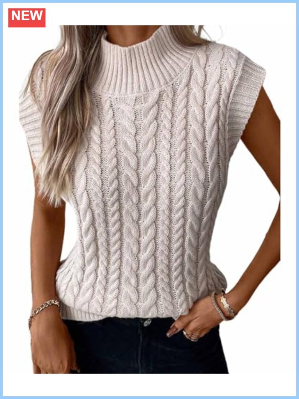 Chunky Knit Cap Sleeve Sweater Vest Mock Neck Pullover Tank Top